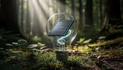 Glühbirne mit integriertem Solarpanel im grünen Wald als Symbol für nachhaltige Energie und Innovation